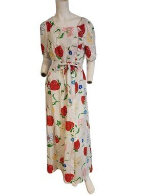 1960's-70's Tiffany Loungewear Strawberry and Flower Power Print Robe Dress